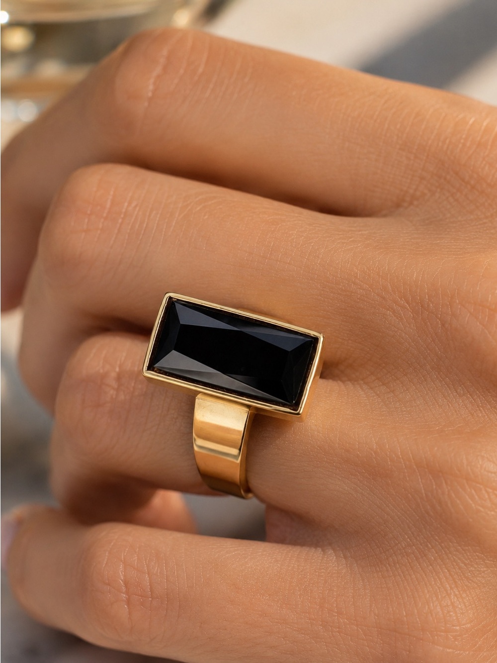 NEW GOLD PLATED BLACK STONE STATEMENT RING